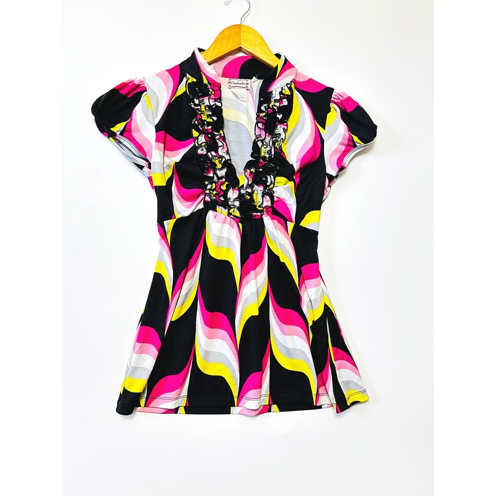 Soulmates Y2K Psychedelic Wave Ruffle V-Neck Babydoll Top Pink Yellow Black M